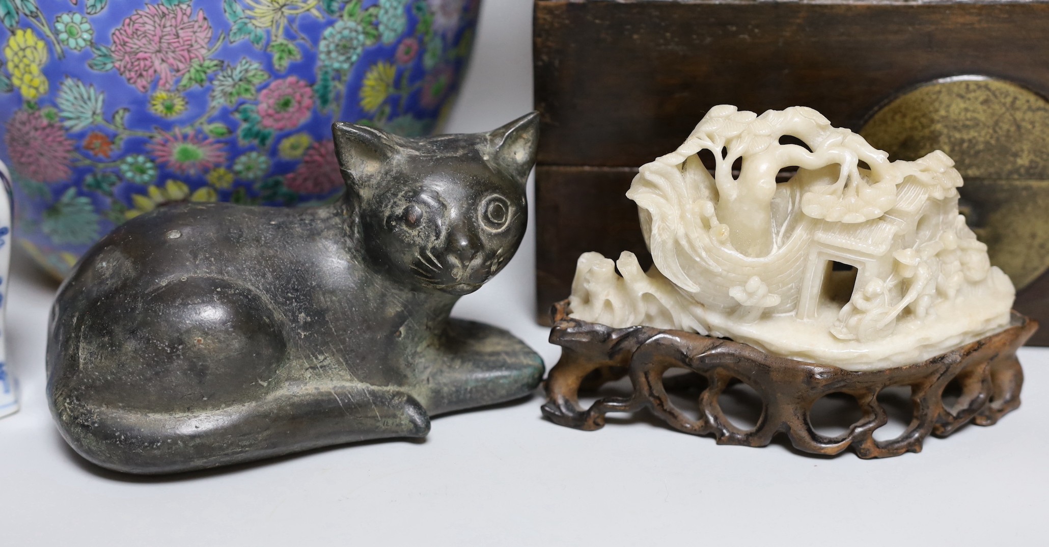 A Chinese Kangxi blue and white miniature vase, 9cm tall, a 19th century Chinese wood writing box, a famille rose jardiniere, blue and white jar and cover etc.